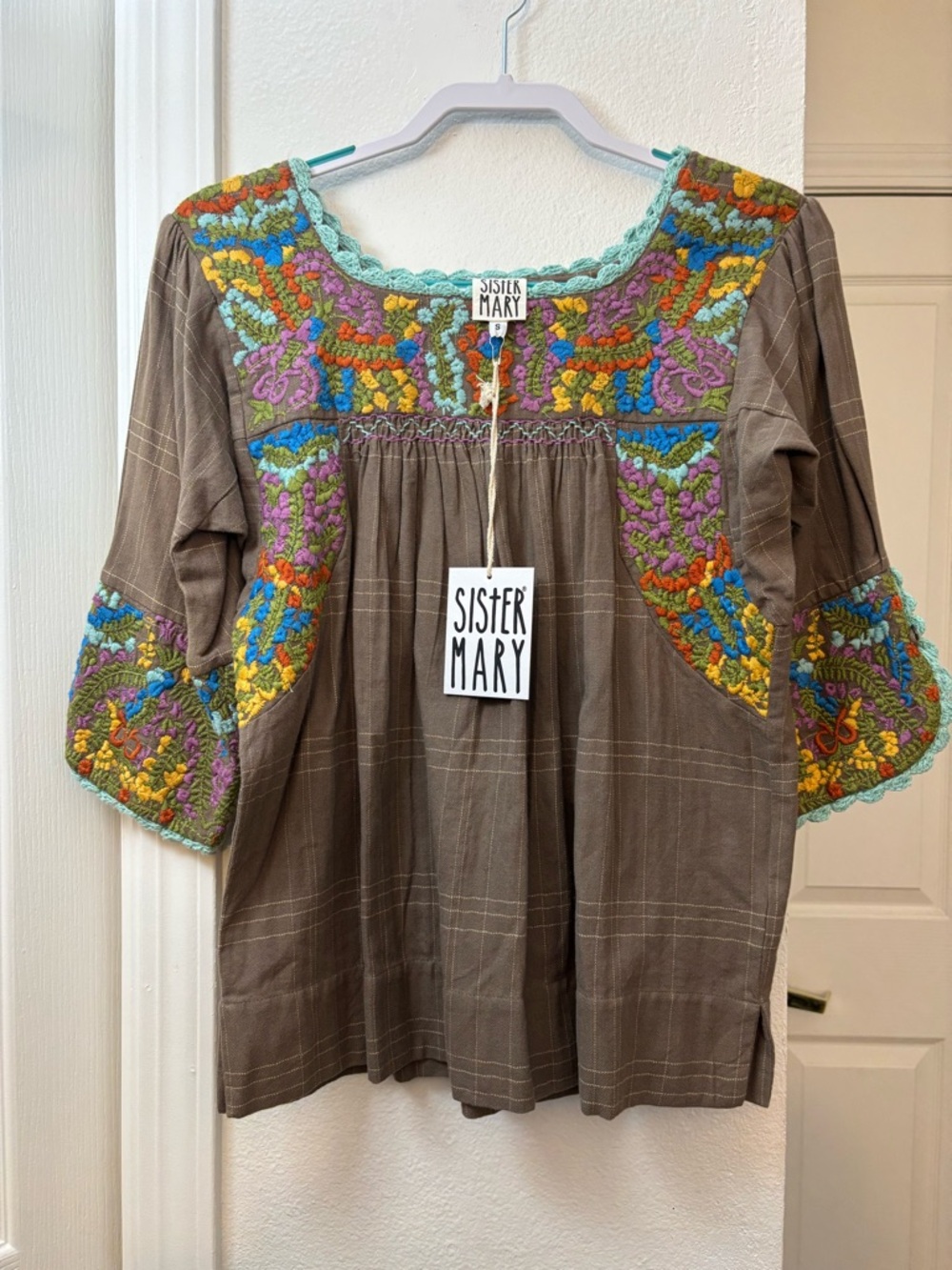 NWT Sister Mary Brown Embroidered Top
